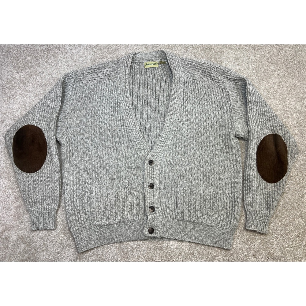 VTG 80s/90s St Johns Bay Mens Grey Wool Blend Cardigan Sweater Elbow Patches L